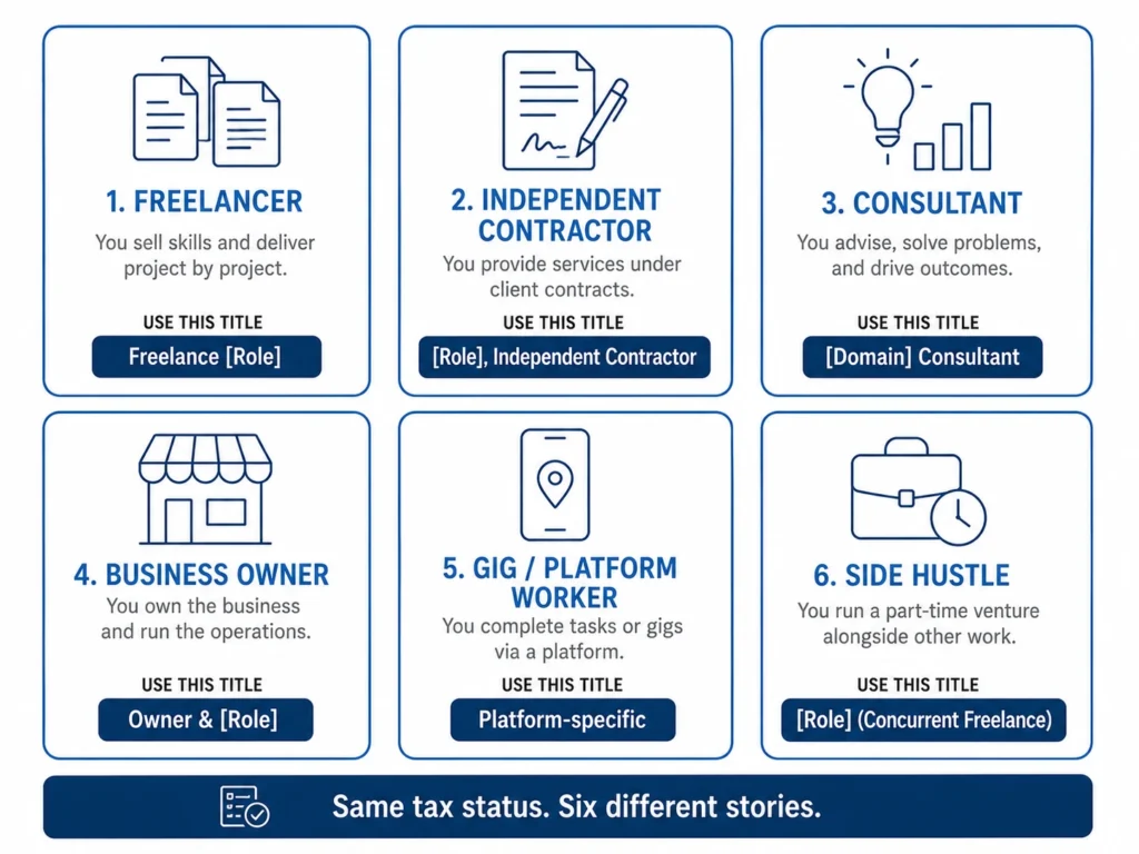 How To Include Self Employment On Resume showing six types of self-employment—freelancer, independent contractor, consultant, business owner, gig worker, and side hustle—with suitable resume job titles.