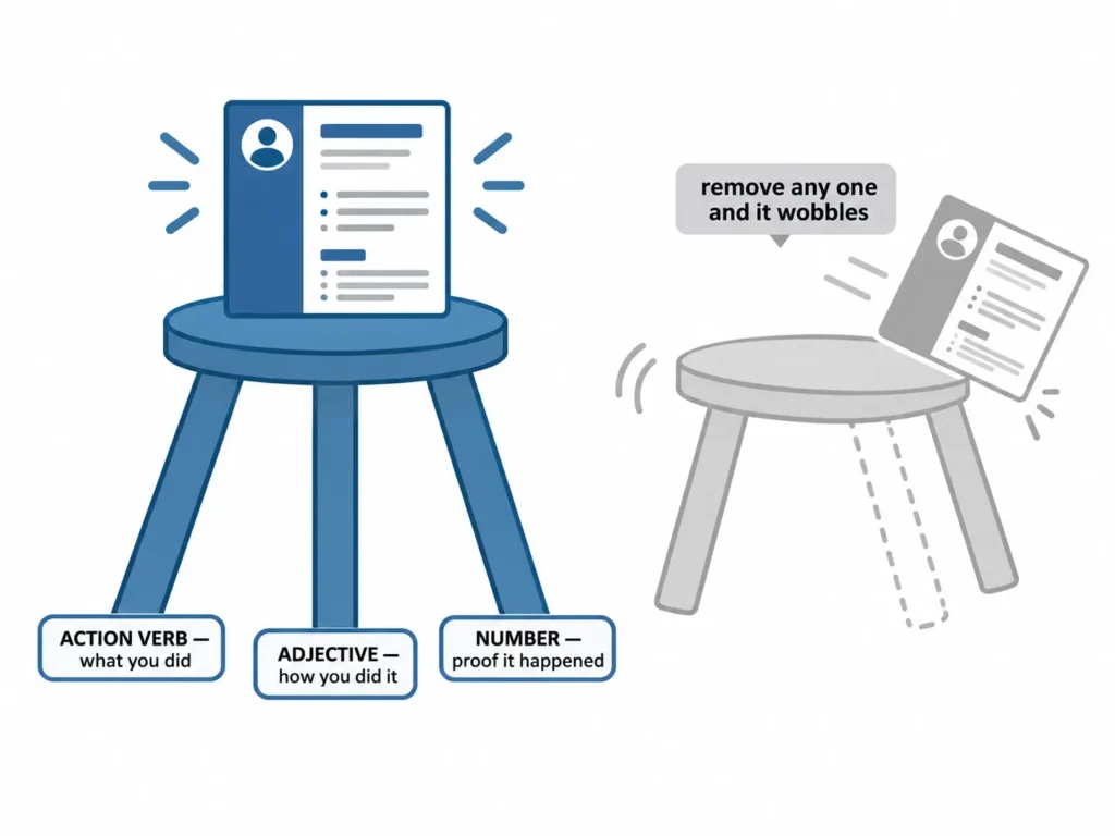 Resume adjectives infographic showing how action verbs, adjectives, and numbers work together to create stronger, achievement-focused resume statements.