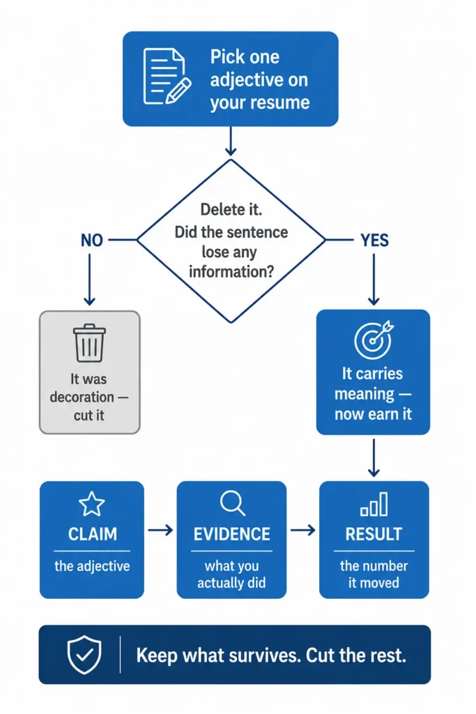 Resume adjectives flowchart showing how to test whether an adjective adds meaningful information and support it with evidence and measurable results.