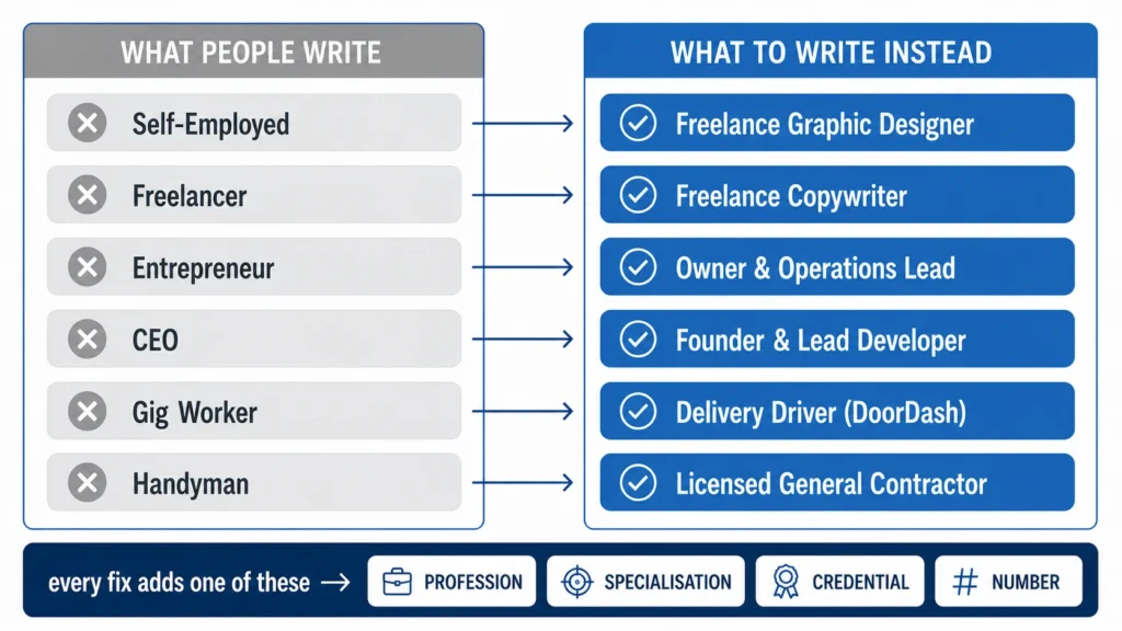 How To Include Self Employment On Resume showing how to replace vague titles like self-employed, freelancer, entrepreneur, CEO, and gig worker with specific professional job titles that clearly communicate experience and expertise.