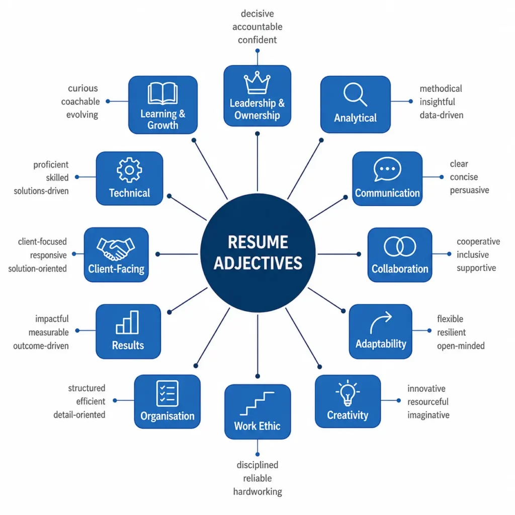 Resume adjectives infographic organizing strong descriptive words by leadership, analytical, communication, collaboration, adaptability, creativity, work ethic, organization, results, client-facing, technical, and learning skills.