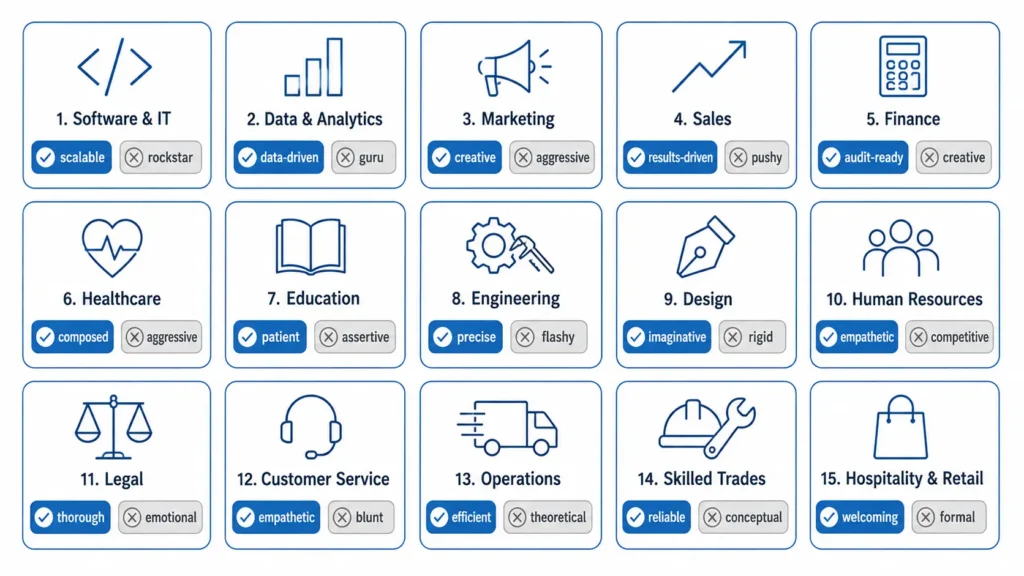 Resume adjectives infographic comparing effective and ineffective descriptive words across 15 industries, including software, data, marketing, sales, finance, healthcare, education, engineering, design, HR, legal, customer service, operations, skilled trades, and hospitality.