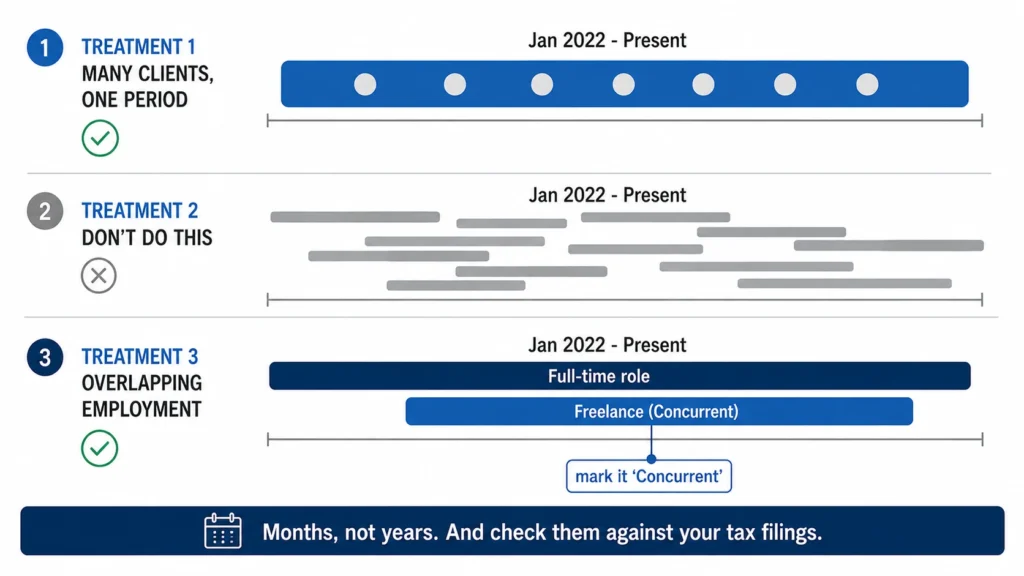 How To Include Self Employment On Resume showing how to format self-employment dates, combine multiple clients into one period, and present freelance work that overlaps with full-time employment.