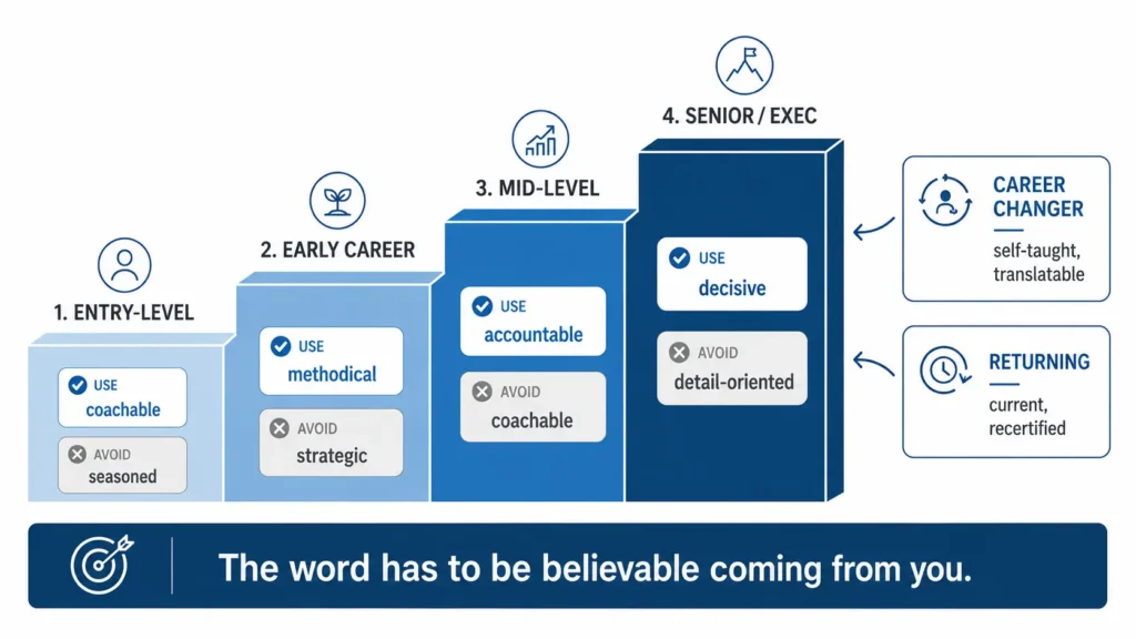 Resume adjectives infographic showing words to use and avoid for entry-level, early-career, mid-level, senior executive, career changer, and returning professionals.