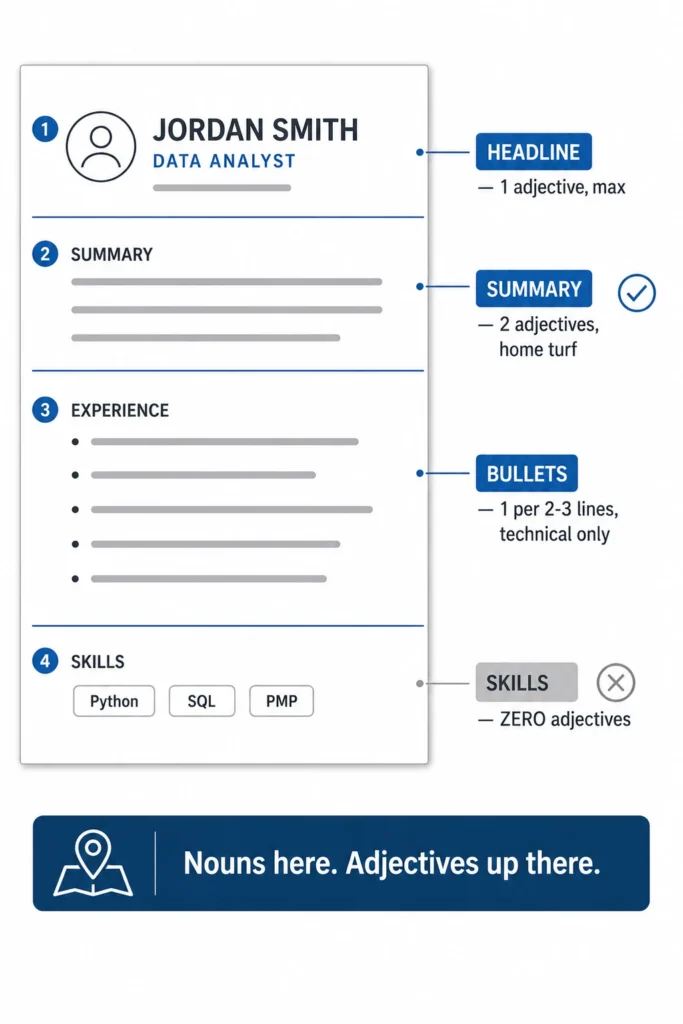 Resume adjectives infographic showing where to use adjectives in a resume, including the headline, professional summary, experience bullets, and skills section.