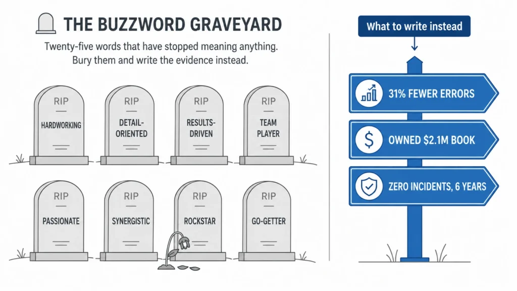 Resume adjectives infographic highlighting overused buzzwords like hardworking, detail-oriented, results-driven, team player, and passionate, with measurable resume achievements to use instead.