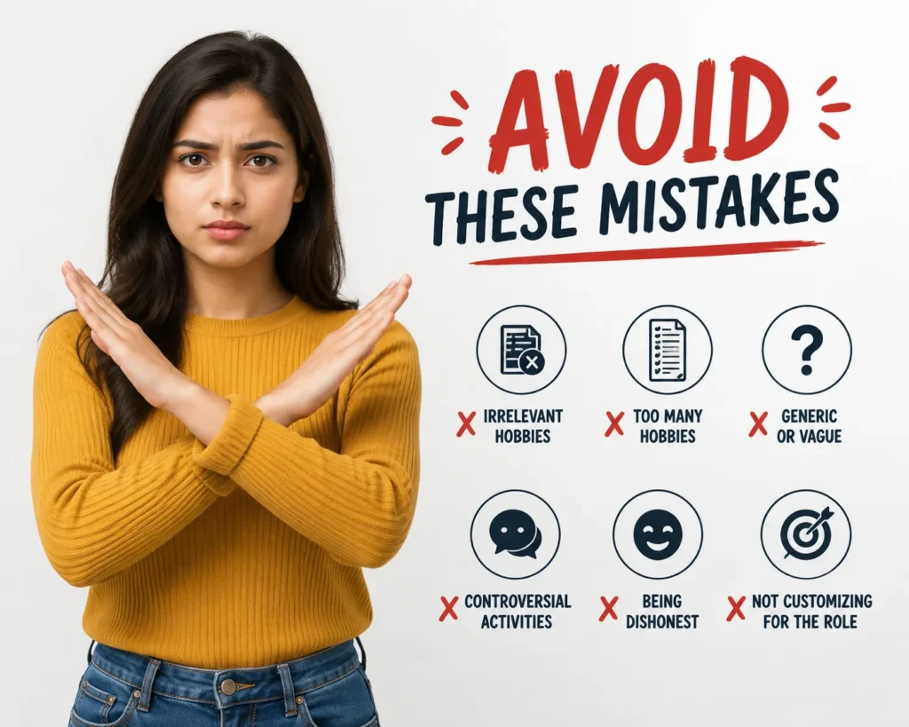 Illustration showing common mistakes to avoid when selecting hobbies to be mentioned on a resume, including irrelevant hobbies, too many interests, generic descriptions, controversial activities, dishonesty, and failing to customize for the job.