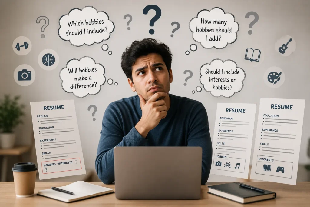 Person thinking about hobbies to be mentioned on a resume, with common questions about choosing relevant hobbies, the number to include, and whether to list hobbies or interests.