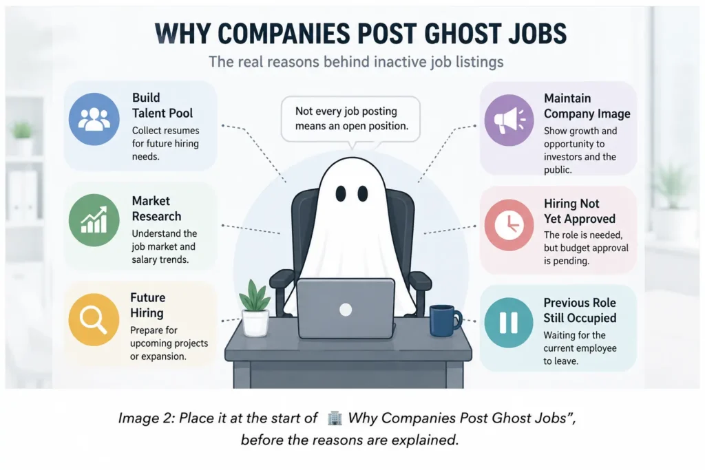 Infographic explaining ghost job reasons, including building a talent pool, market research, future hiring, company image, pending hiring approval, and an occupied role.