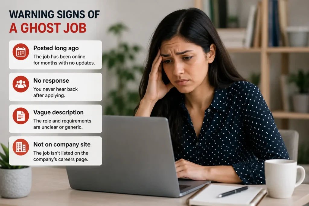 Warning signs of a ghost job, including an old job posting, no employer response, a vague job description, and a vacancy missing from the company careers page.