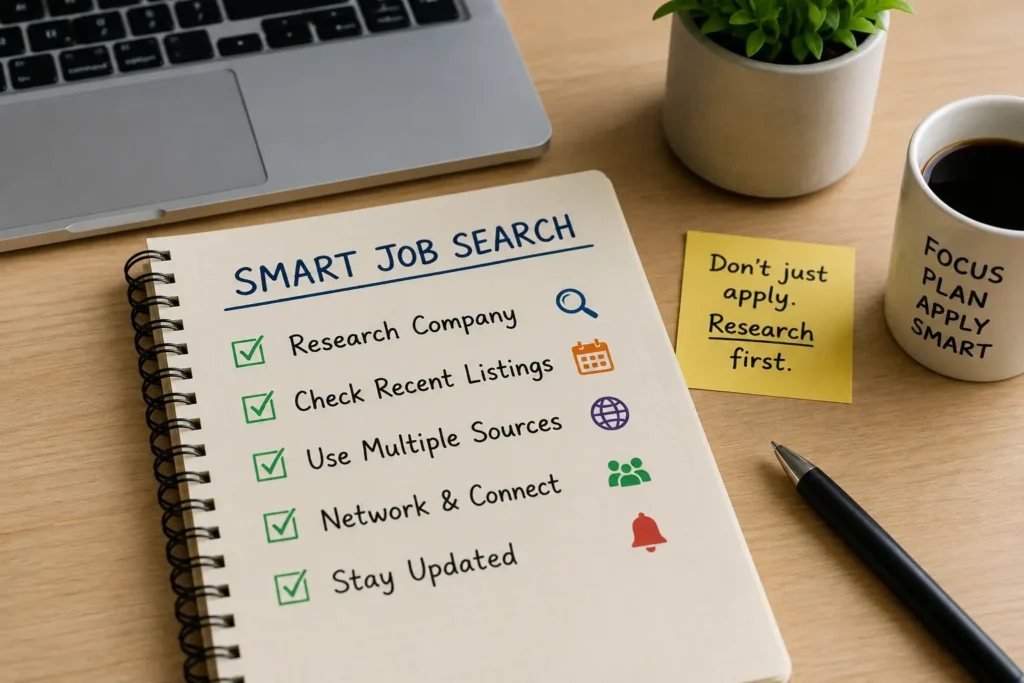 Smart job search checklist showing how job seekers can research companies, check recent listings, use multiple sources, network, and stay updated to avoid a ghost job.
