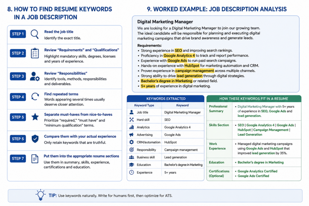 Infographic showing how to find resume keywords in a job description by reviewing the job title, requirements, responsibilities, repeated terms, and must-have qualifications, with a Digital Marketing Manager example.