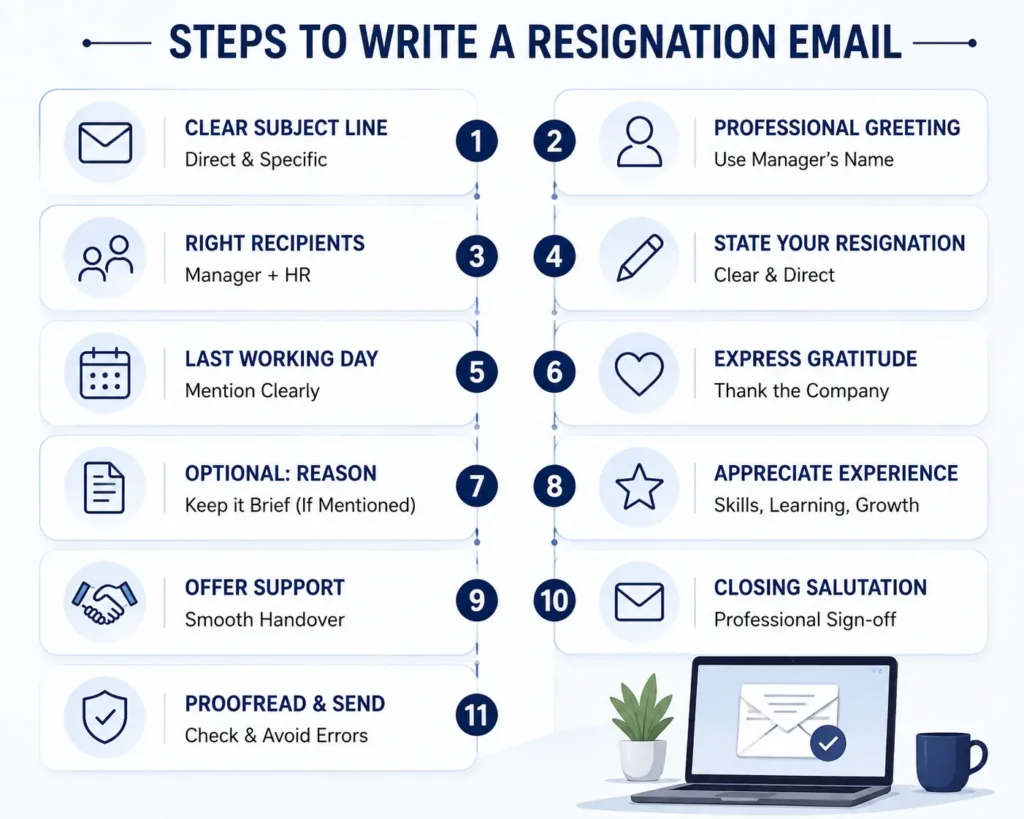 How to write a resignation email step by step, including the subject line, professional greeting, recipients, resignation statement, last working day, gratitude, handover support, closing, and proofreading.