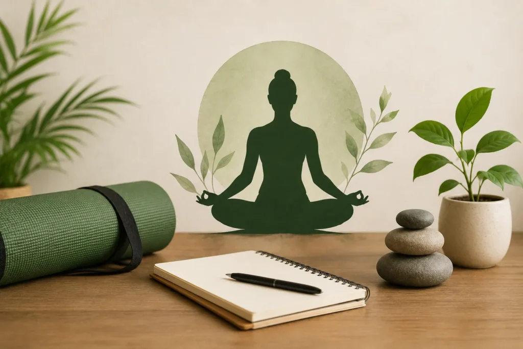 Resume yoga concept image featuring a yoga mat, notebook, pen, meditation silhouette, and wellness elements representing resume writing and career preparation for yoga instructors.