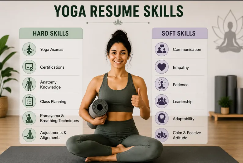 Resume yoga skills infographic showing essential hard and soft skills for a professional yoga instructor resume, including yoga asanas, anatomy knowledge, communication, leadership, and adaptability.