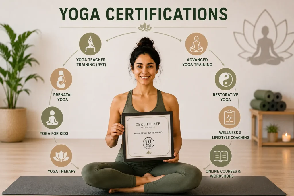 Resume yoga certifications infographic showing essential certifications for yoga instructors, including RYT certification, prenatal yoga, yoga therapy, restorative yoga, wellness coaching, and online yoga courses.