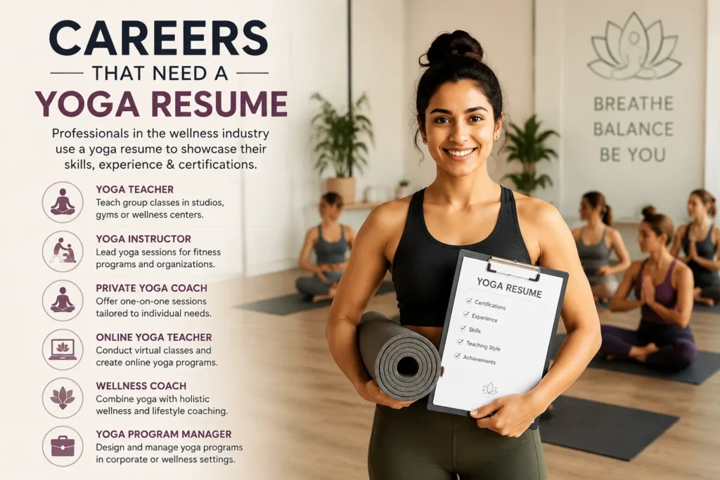 Looking for career opportunities where a resume yoga profile can help you stand out? From yoga teachers and private coaches to online instructors, wellness coaches, and program managers, a strong yoga resume highlights your certifications, teaching experience, specialized skills, and achievements. Explore the most popular yoga careers and learn how a well-crafted resume can help you secure your next role in the growing wellness industry.