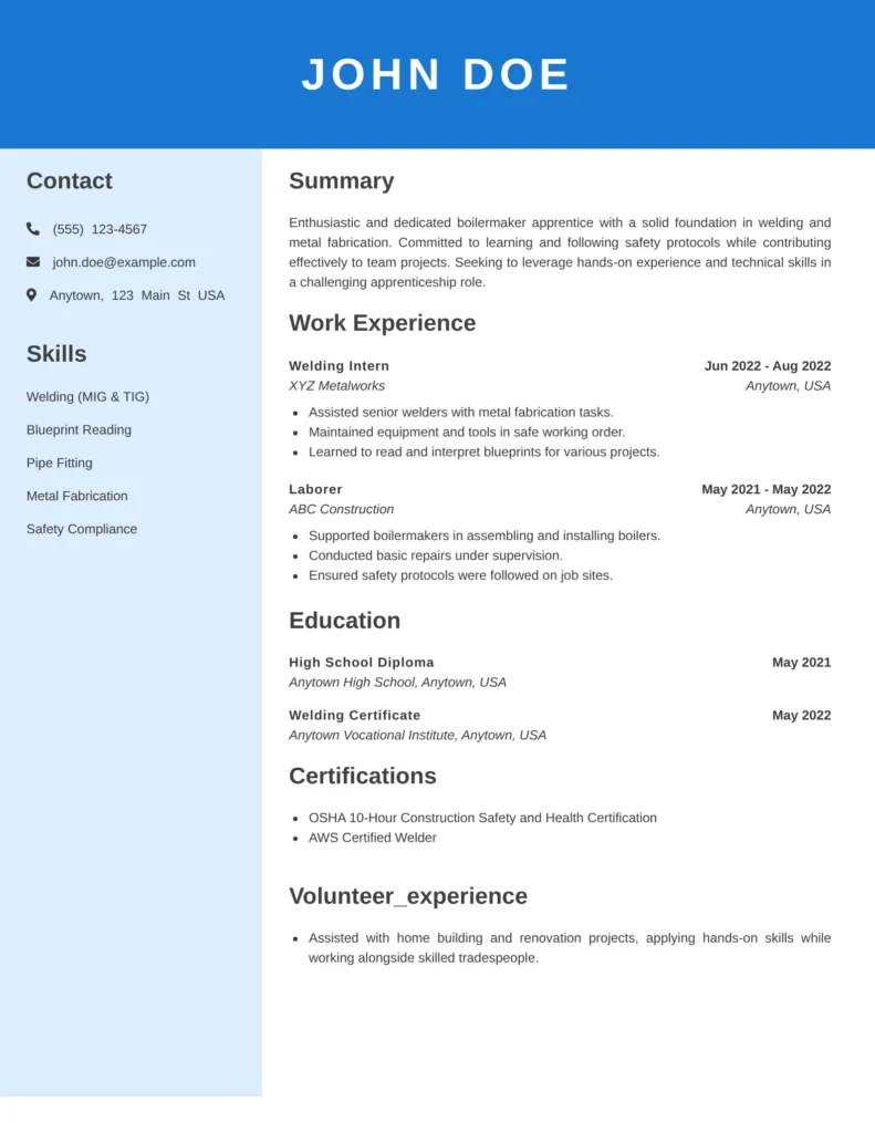 Boilermaker apprentice resume example with apprenticeship training, rigging skills, boiler installation experience, and safety certifications.