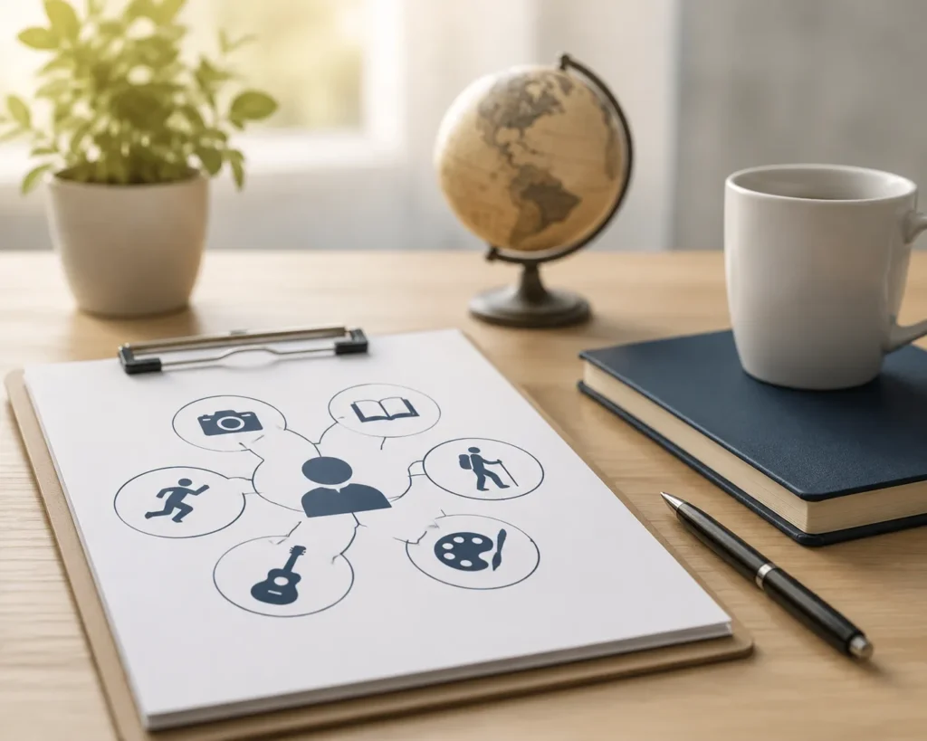 Clipboard illustrating hobbies to be mentioned on a resume with icons representing photography, reading, sports, music, hiking, and art, highlighting how hobbies showcase valuable professional skills.