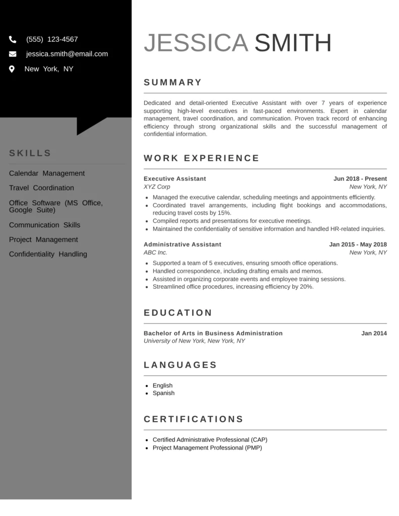 Executive Assistant resume example featuring professional summary, work experience, skills, education, languages, and certifications.