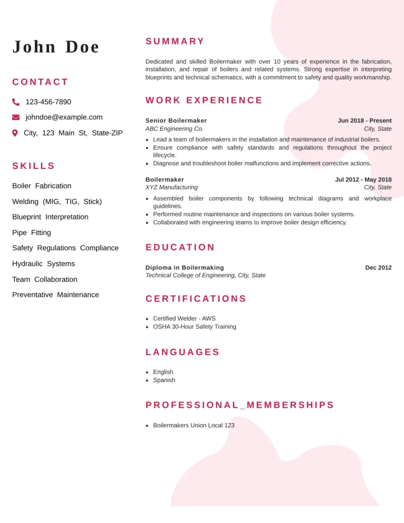 Experienced boilermaker resume example highlighting boiler repair, pressure vessel maintenance, welding, and quantified work achievements.