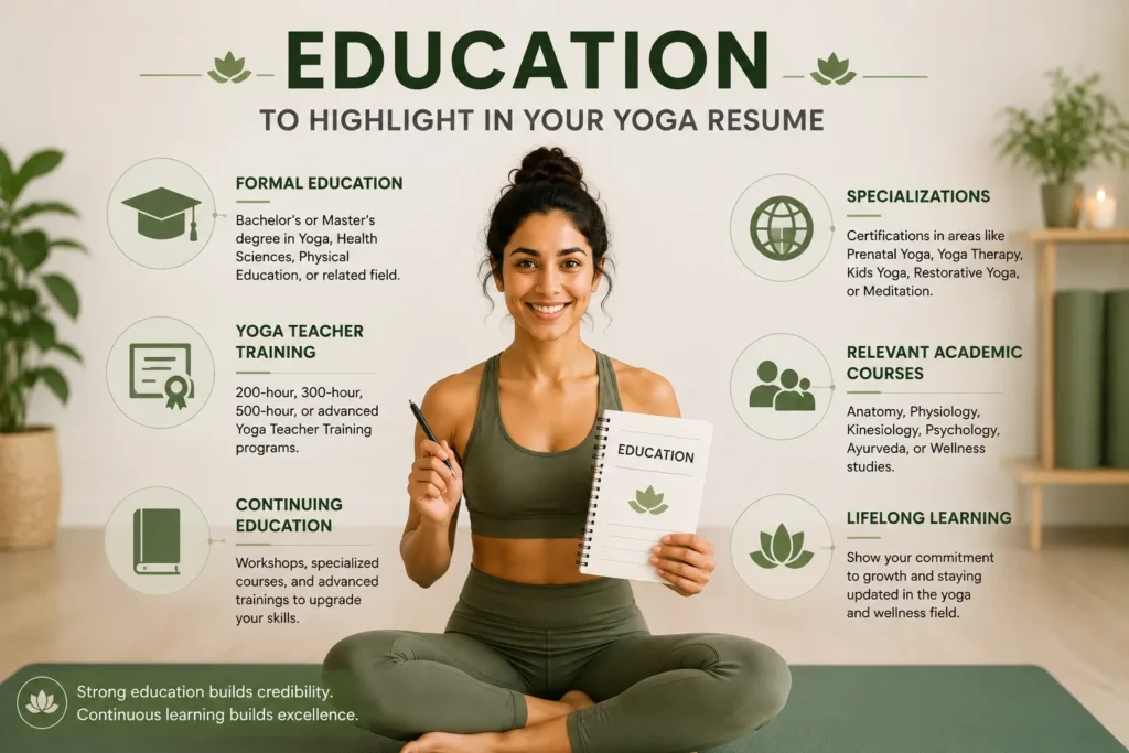 Resume yoga education infographic highlighting formal education, yoga teacher training, specializations, relevant academic courses, continuing education, and lifelong learning for yoga instructors.