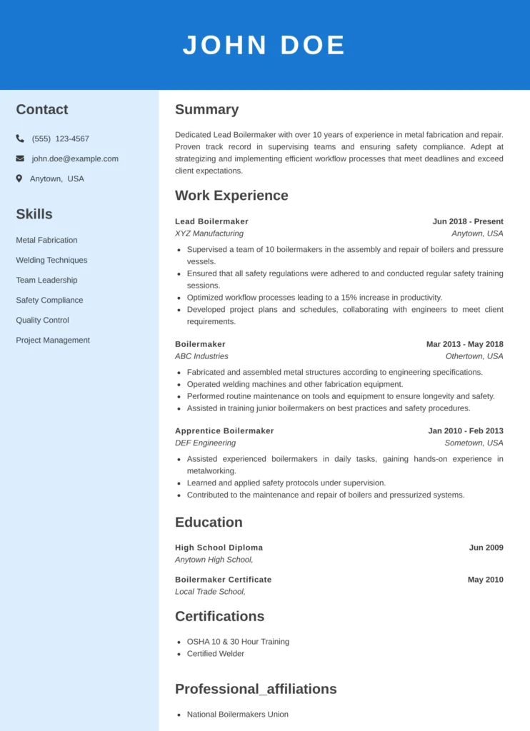 Lead boilermaker resume example showcasing crew supervision, boiler installation projects, safety performance, and measurable achievements.