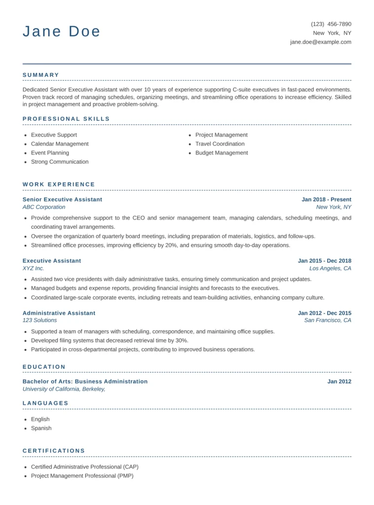 Senior Executive Assistant resume example highlighting professional summary, executive support skills, work experience, education, languages, and certifications.