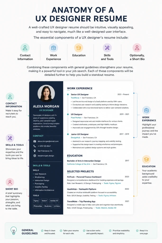 Professional UX designer resume infographic showing key sections including contact information, work experience, education, skills and tools, short bio, and resume guidelines.