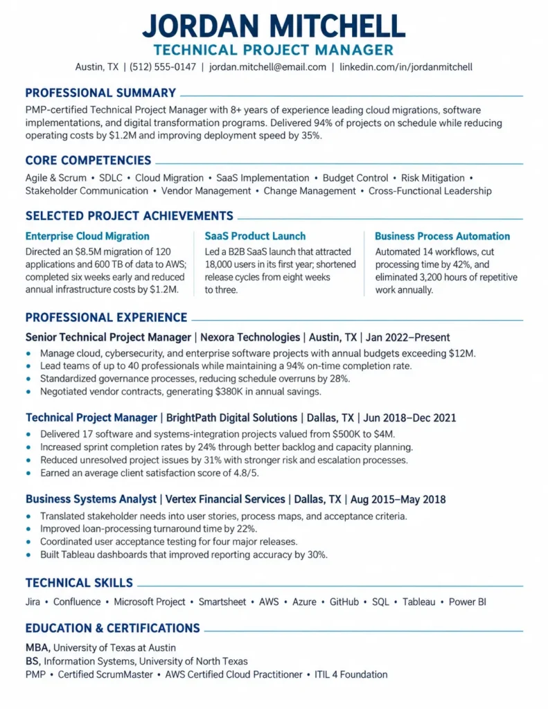 Combination hybrid resume example for a Technical Project Manager highlighting core competencies, project achievements, and work experience.