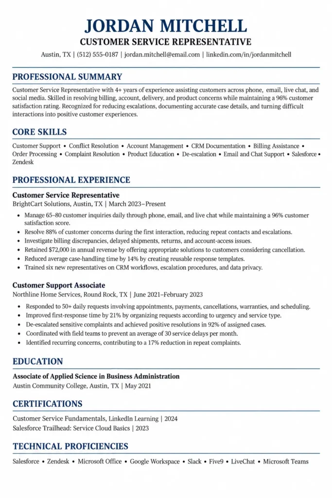 Customer Service Representative resume example featuring professional experience, measurable achievements, skills, education, and certifications.
