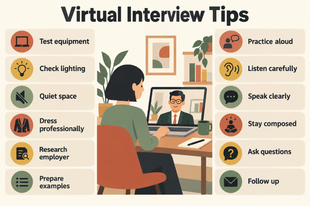 12 virtual interview tips, covering preparation, communication, and follow-up.