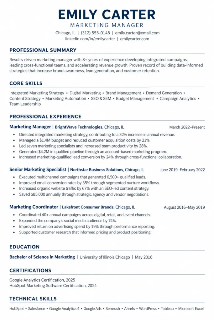 Reverse-chronological resume example for a marketing manager featuring a professional summary, skills, work history, education, certifications, and technical skills.