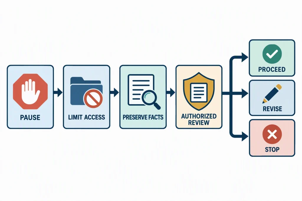 academic-ethics-authorized-review An academic ethics path moves from pausing work through access limits, fact preservation, authorized review, and a documented outcome.