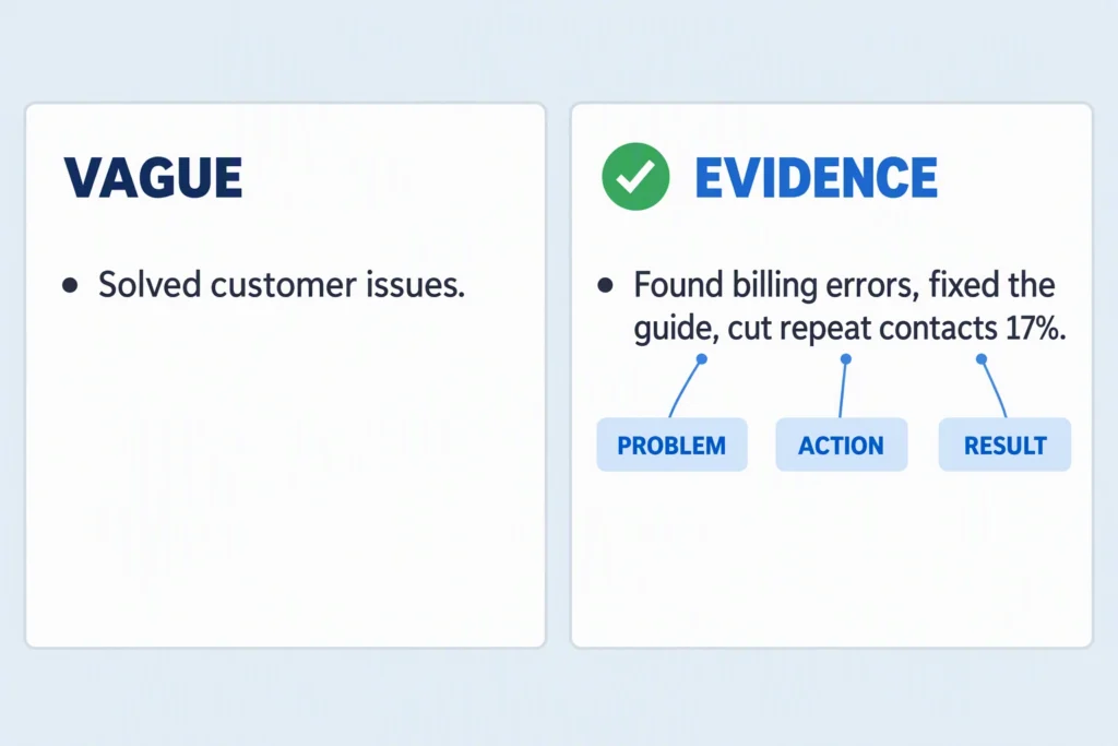compare-a-vague-claim-with-an-evidence-based-resume-bullet A vague resume line is compared with a specific bullet annotated for challenge, action, and outcome