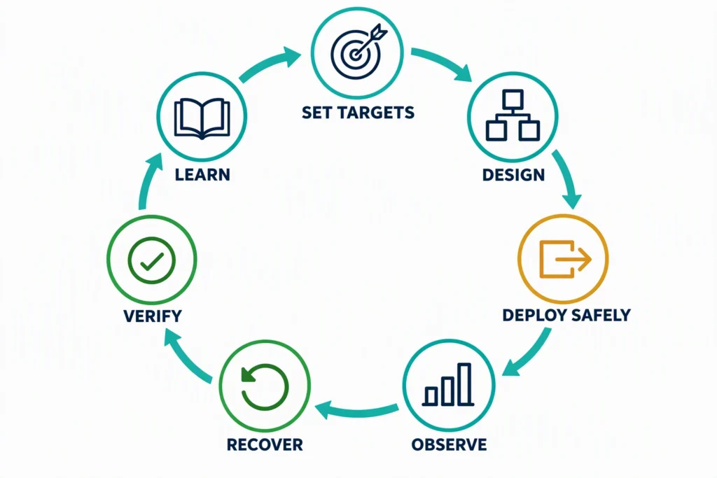 cloud-resilience-proof-loop A circular resilience workflow moves from service targets through design, safe deployment, observation, recovery, verification, and learning.