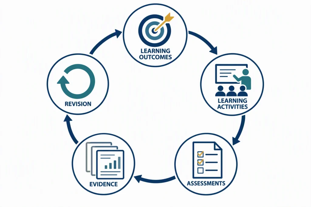 course-alignment-evidence-cycle A course-alignment cycle connects learning outcomes, activities, assessments, evidence, and revision.