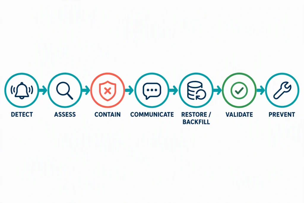  A seven-step incident workflow moves from detection and impact assessment through containment, communication, restoration, validation, and prevention.
