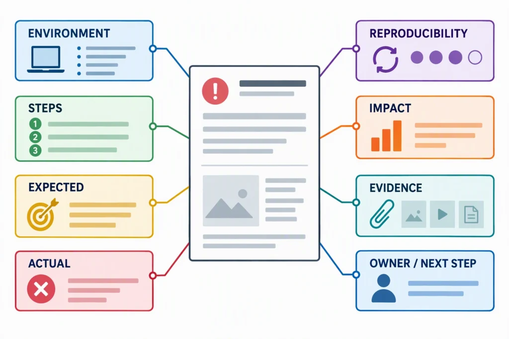 A defect report is labeled with the test setup, steps, expected and actual results, user impact, evidence, and the next owner.
