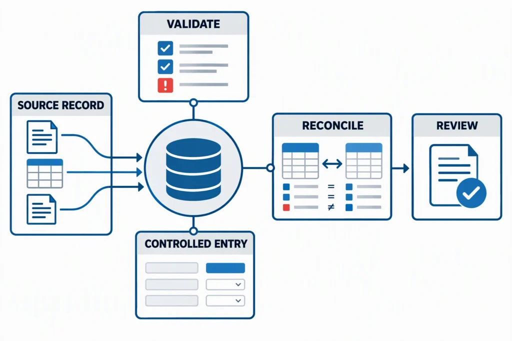 An HRIS accuracy dashboard connects source records, validation, controlled entry, reconciliation, and review.

