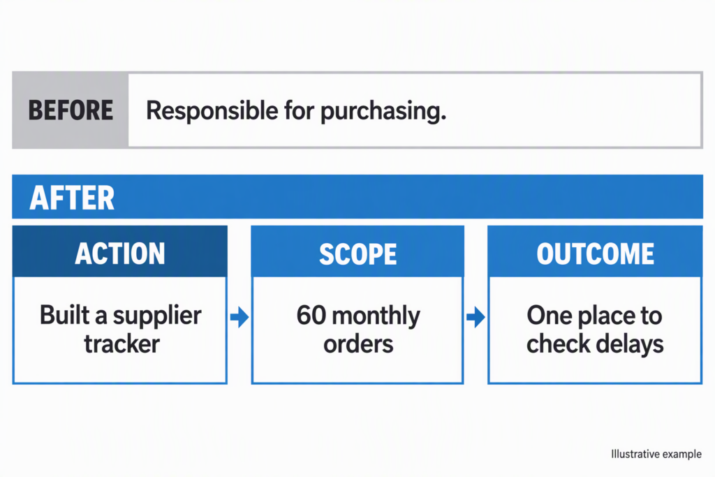 Before-and-after purchasing example for a resume after a career break, highlighting action, scope, and outcome.