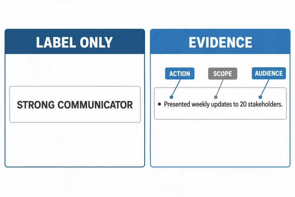 A label-only skills claim is compared with a resume bullet that shows action, context, and outcome.
