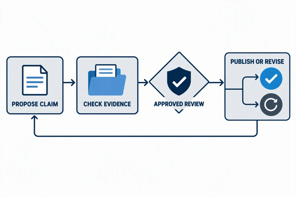 marketing-claim-review-path A responsible claim-review path moves from the proposed wording through evidence and approved review to publication or revision.