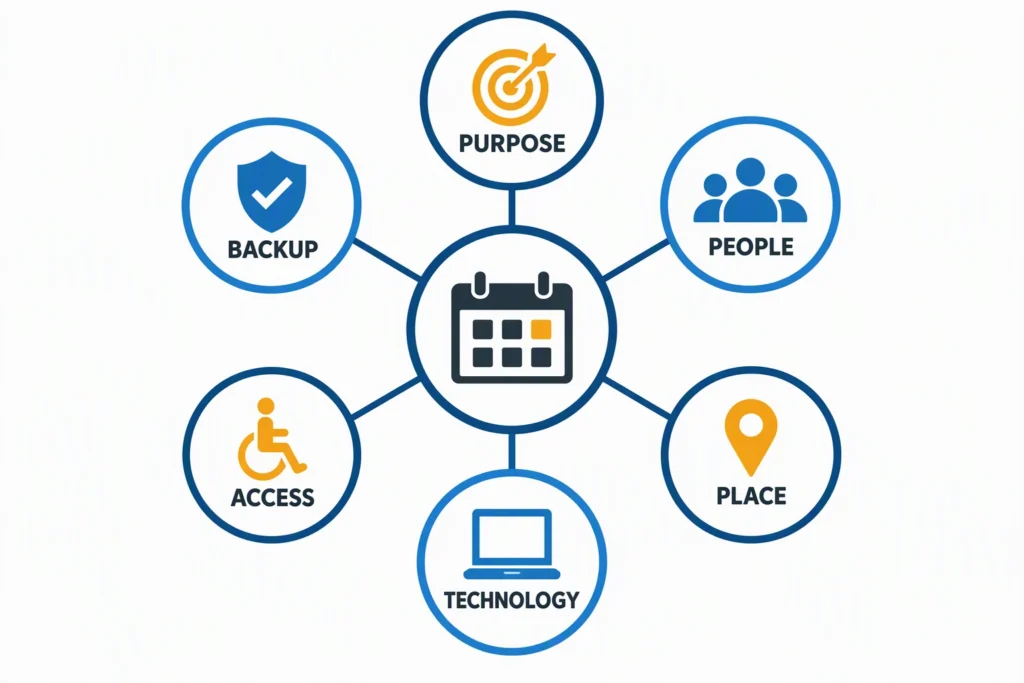 meeting-logistics-planning-wheel A meeting logistics wheel connects purpose, people, place, technology, access, and backup.