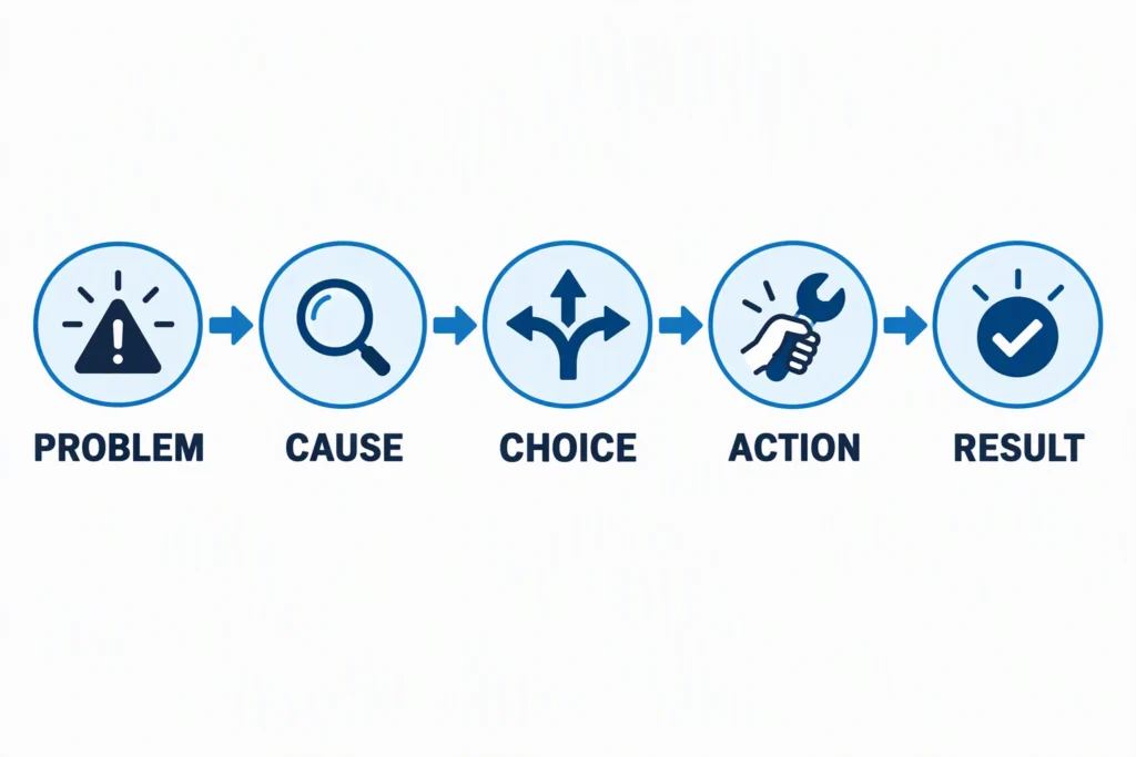 build-a-five-part-problem-to-result-evidence-chain A five-step diagram connects a workplace problem to its cause, a choice, an action, and a verified result.