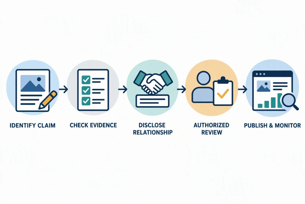  A responsible-advertising review moves from identifying a claim to evidence, disclosure, authorized review, and monitored publication.