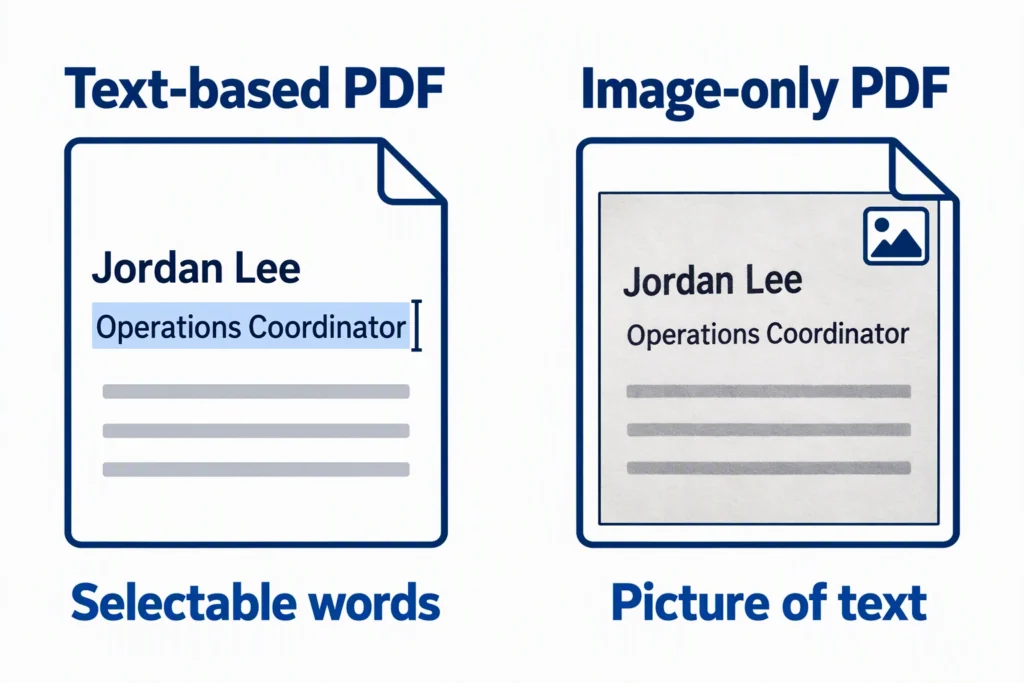 Two PDFs illustrate the difference between selectable words and a picture of a resume.