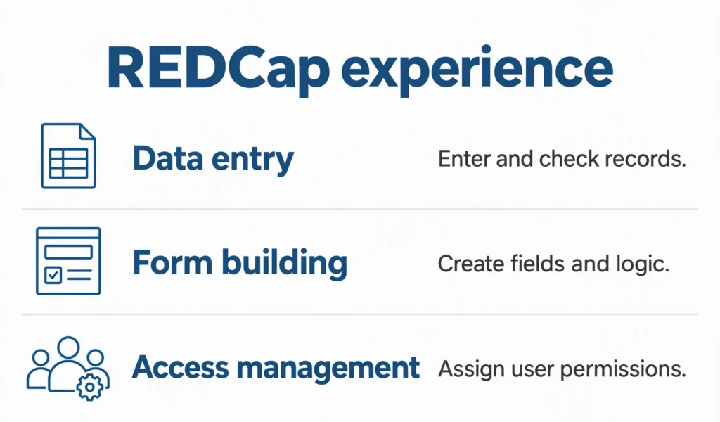 describe-the-tasks-you-performed-in-redcap Three REDCap task examples distinguish data entry, form building, and access administration.