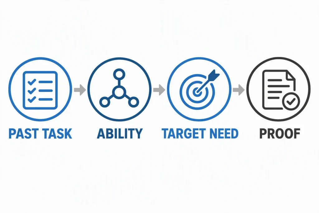 A four-step path moves from a past task to an ability, a target need, and resume proof.
