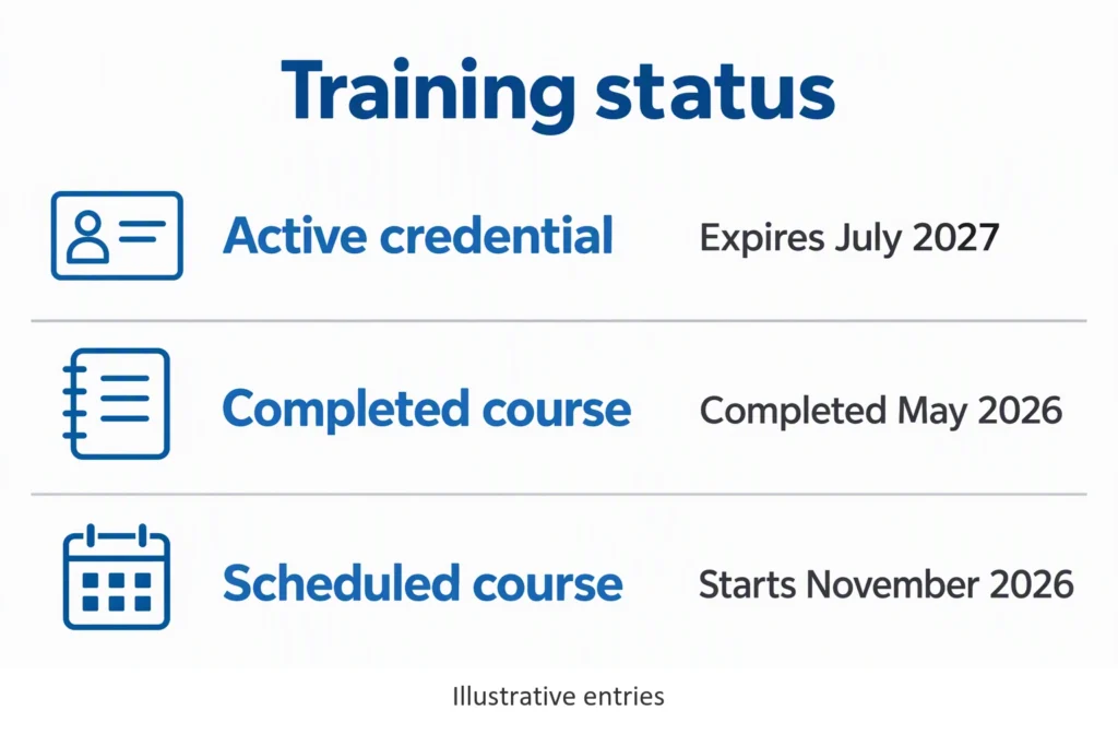 distinguish-credential-and-training-status Three training entries distinguish an active credential, completed course, and scheduled course.